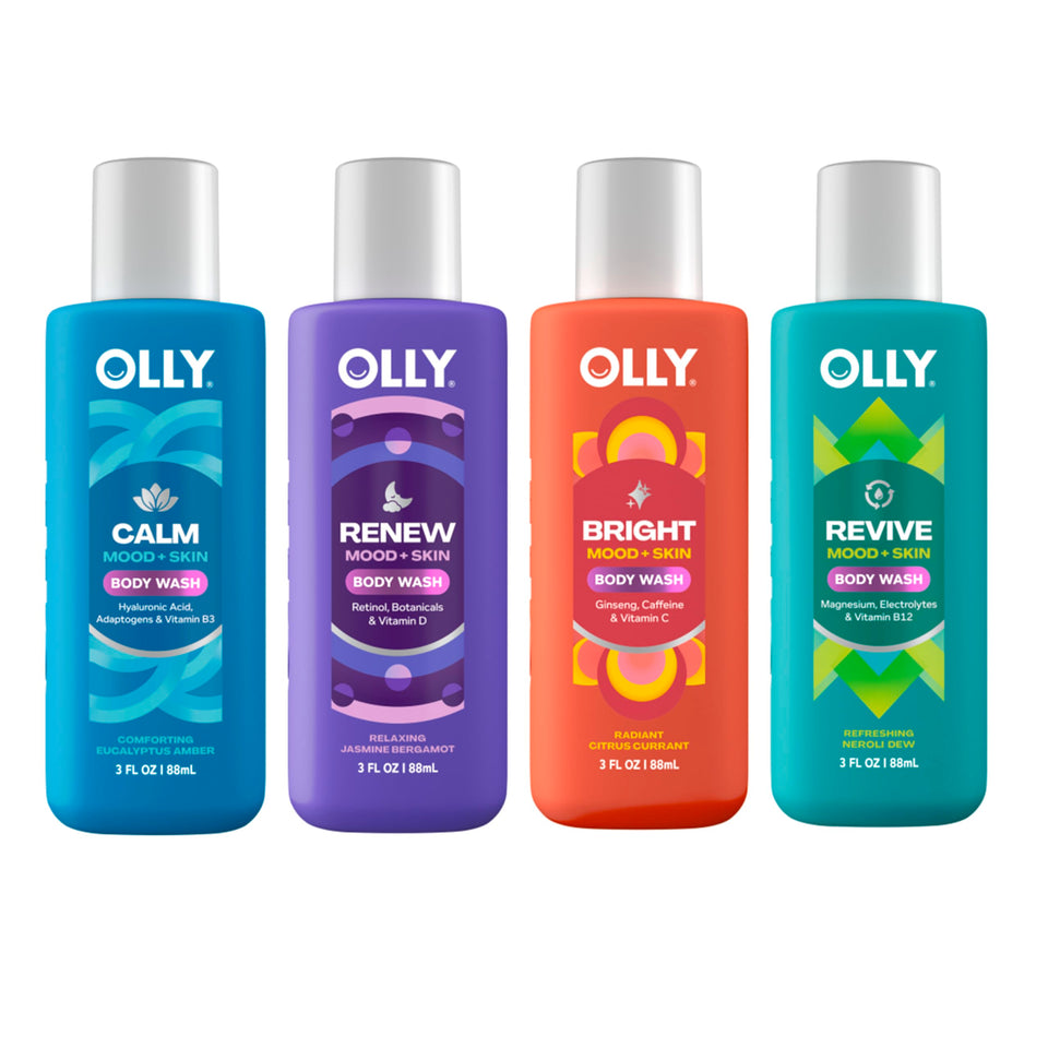 OLLY bottle front packaging showing mixed pack and calming scent benefits