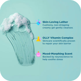 OLLY body wash beside towel and serum in bathroom for nightly ritual
