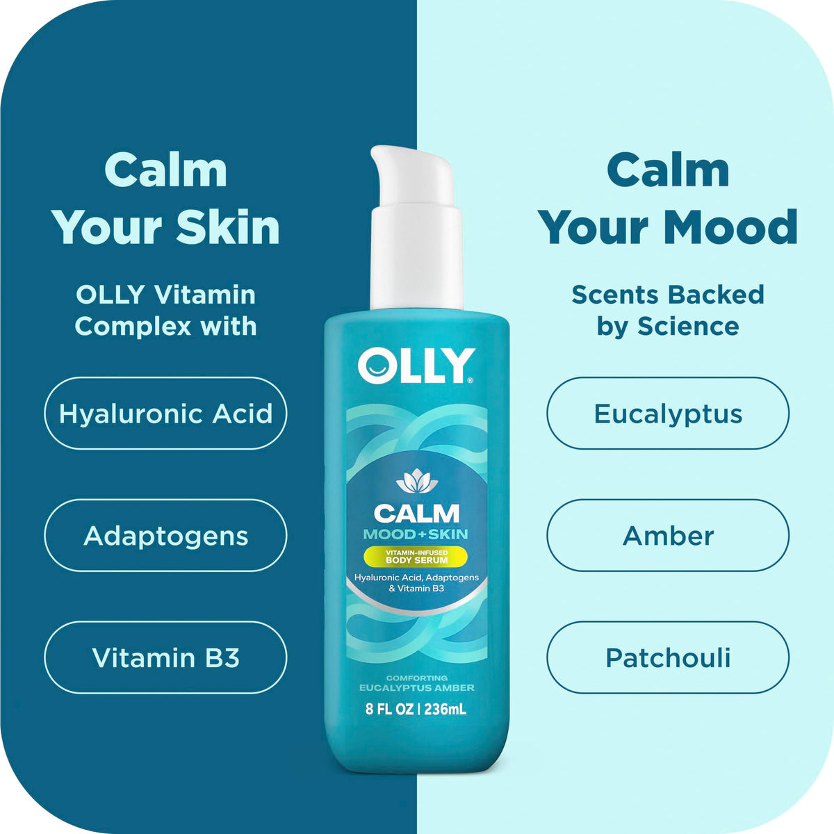 OLLY close-up of ingredient label highlighting hyaluronic acid and vitamin B3 benefit