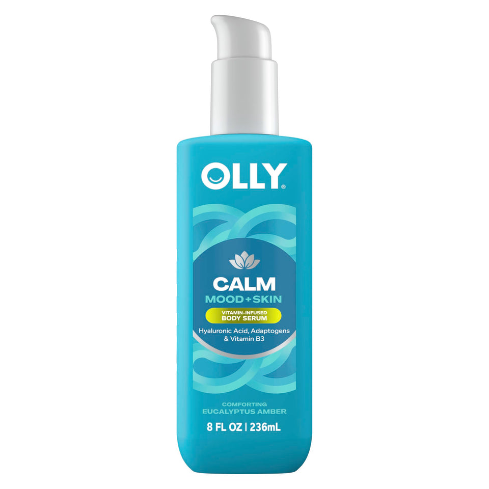 OLLY bottle front packaging showing label and calming eucalyptus-amber scent benefit