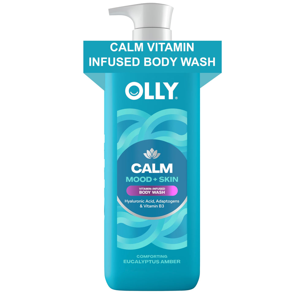 OLLY Calm body wash front packaging showing bottle and label, calming ritual benefit
