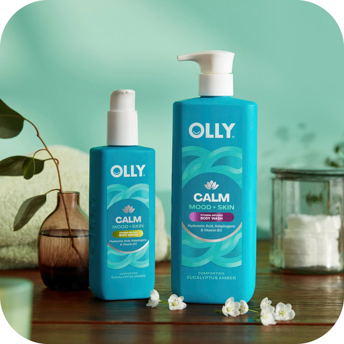 OLLY Calm body wash used in shower setting, relaxing eucalyptus amber scent benefit