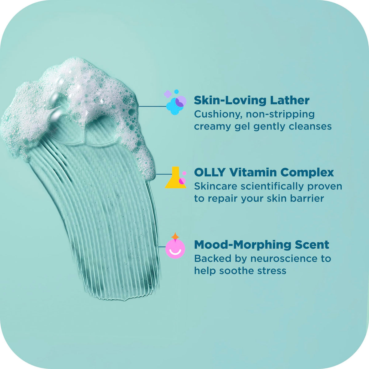 OLLY Calm body wash shown next to hand for scale, 17oz size clarity