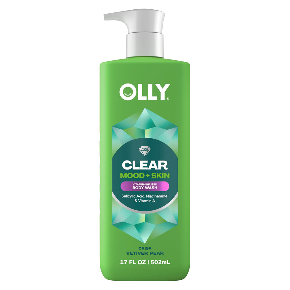 OLLY clear front bottle showing branding and gel cleanser benefits