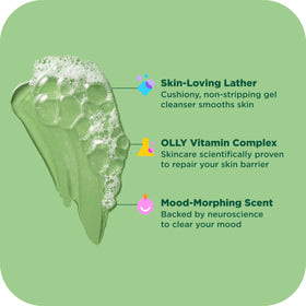 OLLY gel texture close-up illustrating lightweight, non-stripping lather