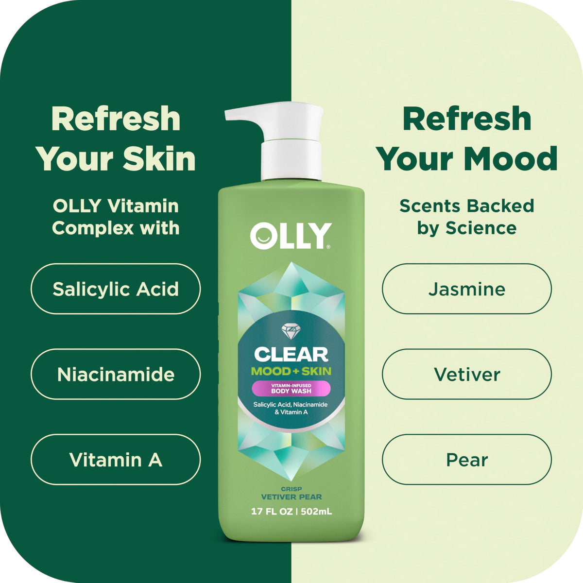 OLLY bottle in shower scene showing use and mood-refreshing scent