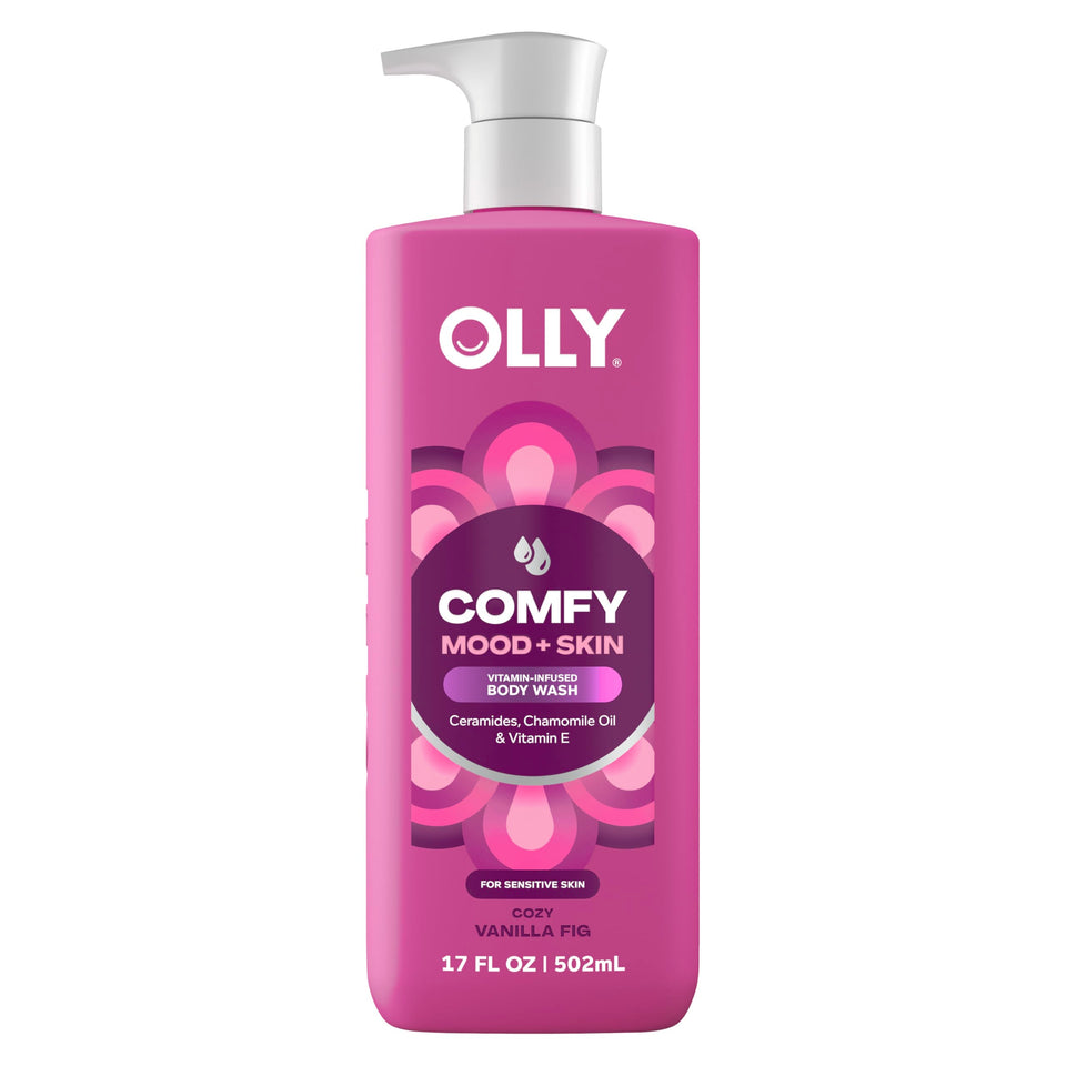 OLLY front bottle of COMFY Mood + Skin body wash showing label and scent