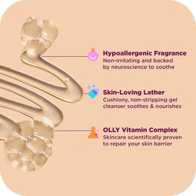 OLLY gel texture of COMFY body wash showing smooth moisturizing lather