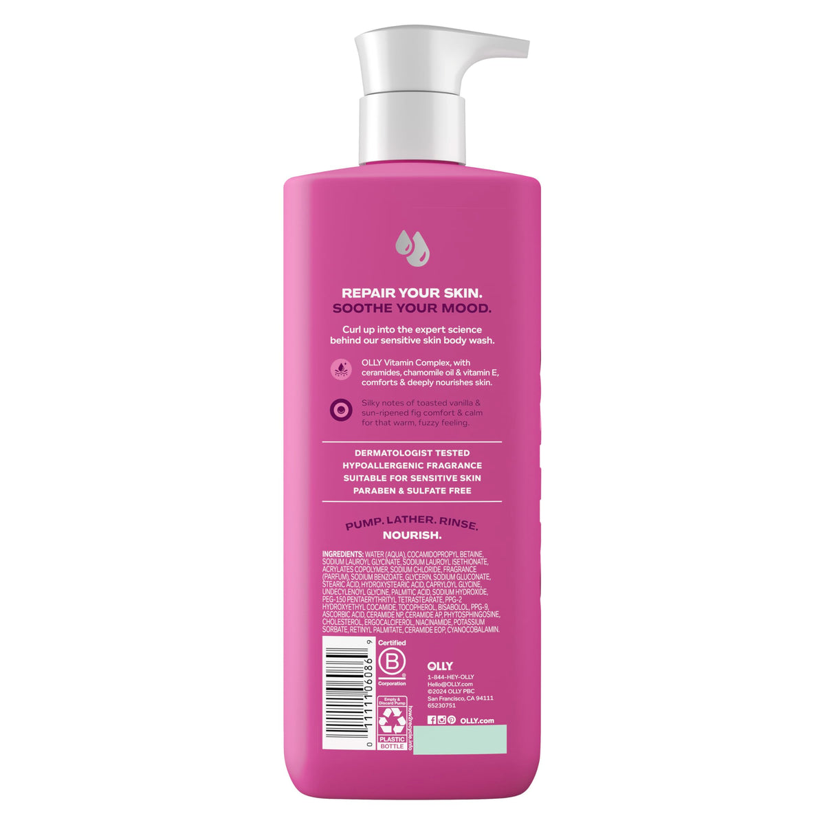 OLLY pump close-up for COMFY body wash demonstrating easy dispensing