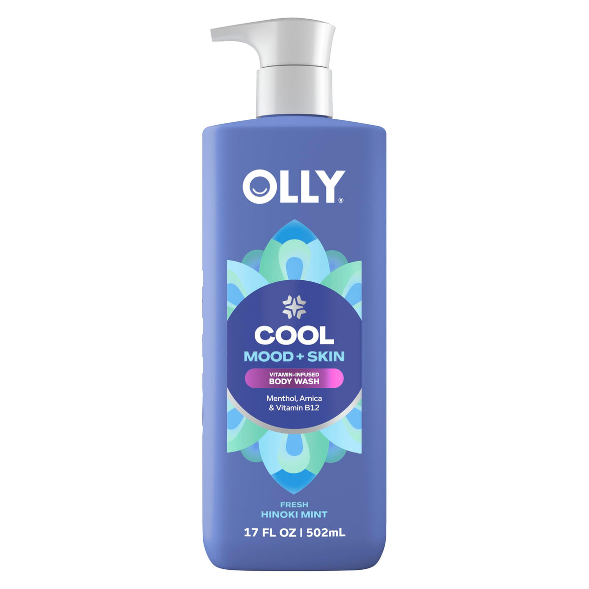 OLLY bottle front packaging showing COOL body wash and benefits