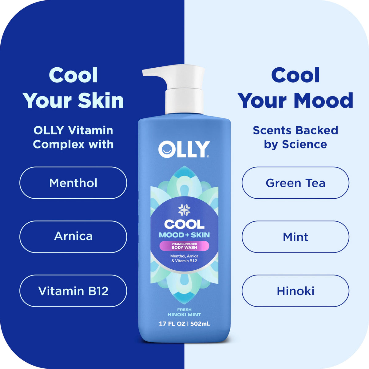 OLLY body wash being poured into hand for controlled dispensing