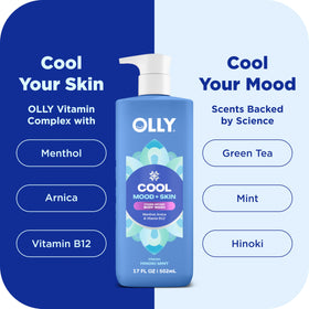 OLLY body wash being poured into hand for controlled dispensing