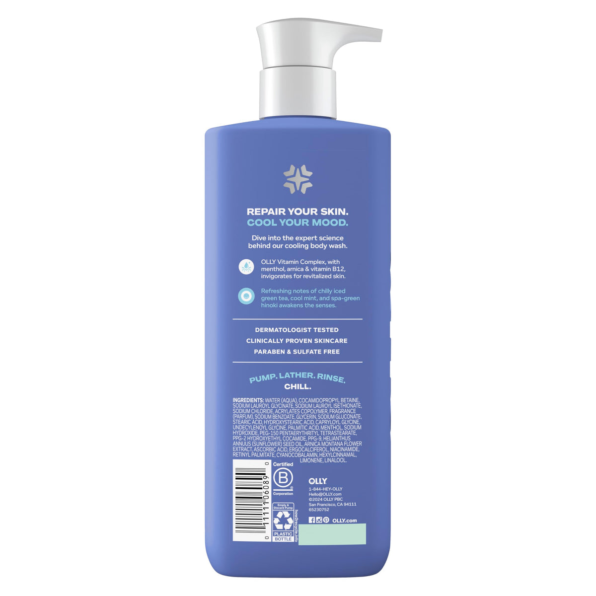 OLLY label and pump detail highlighting ingredient callouts and scent