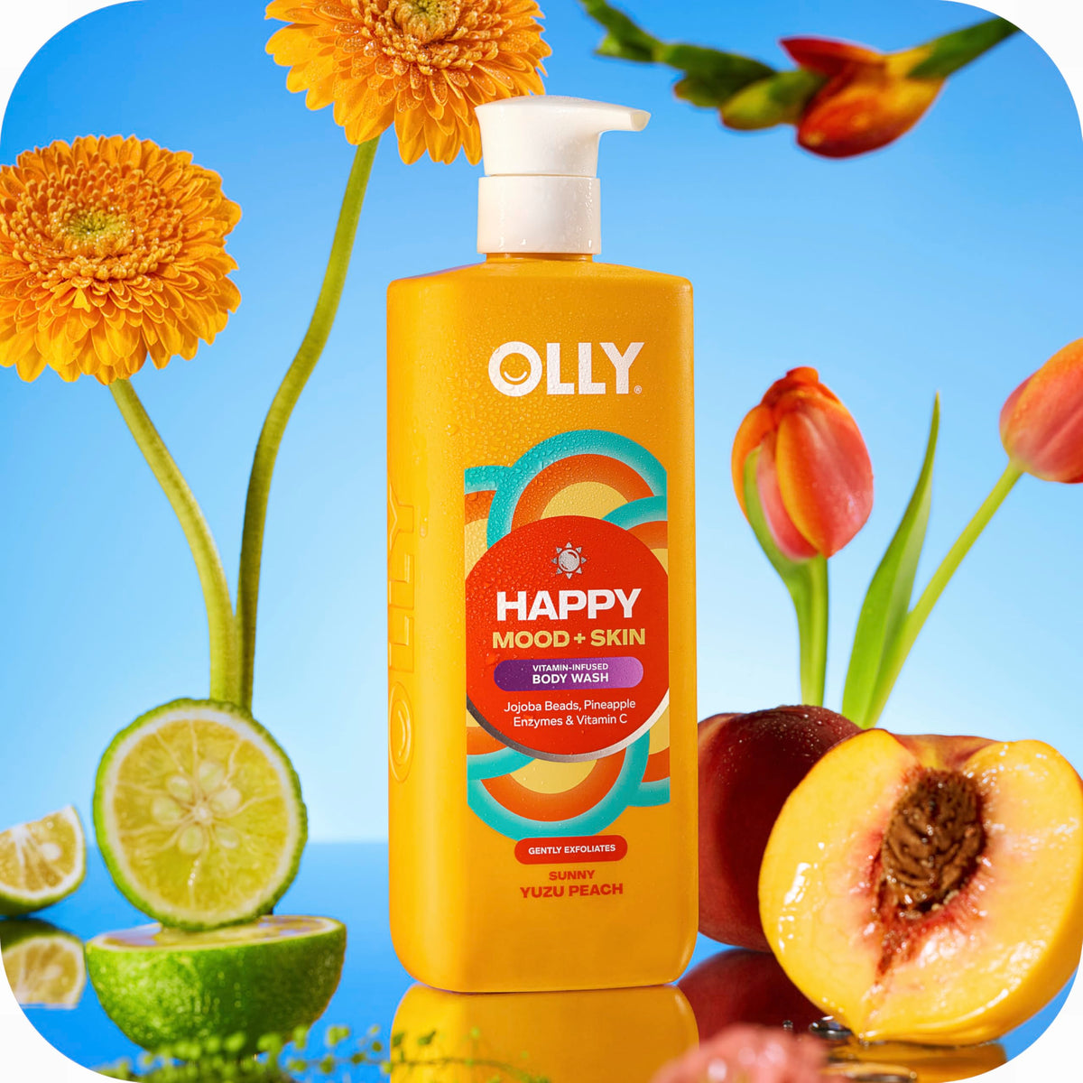 OLLY body wash in shower scene conveying uplifting scent and mood boost