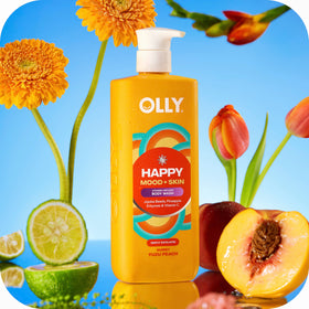 OLLY body wash in shower scene conveying uplifting scent and mood boost