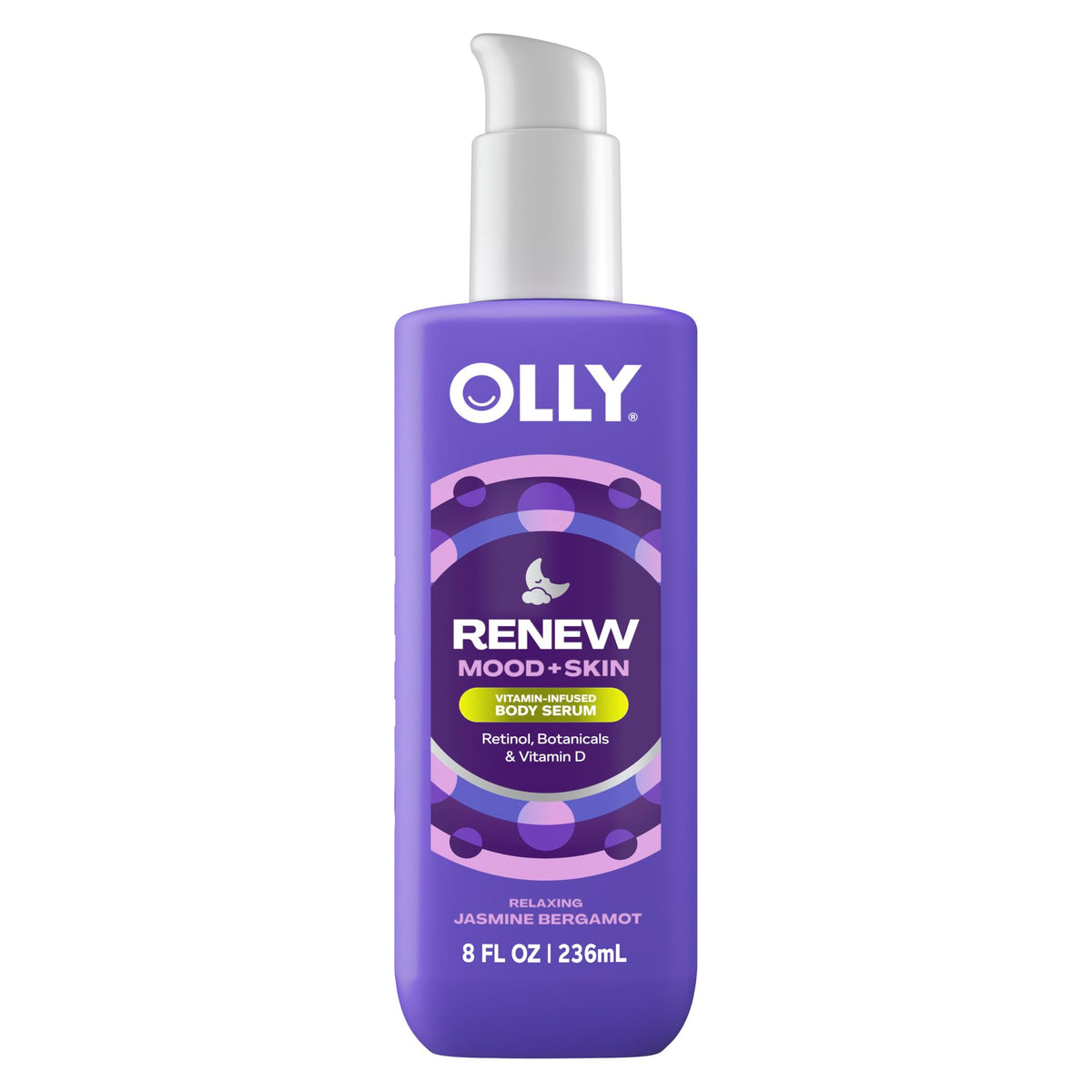 OLLY front packaging of Renew Body Serum showing bottle and label, calming bedside benefit