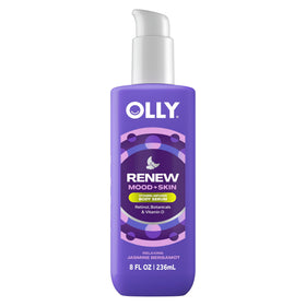 OLLY front packaging of Renew Body Serum showing bottle and label, calming bedside benefit