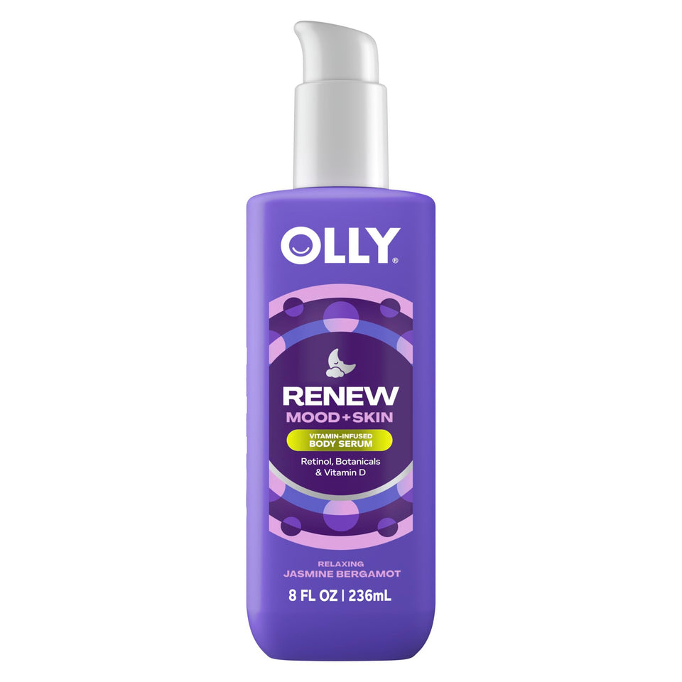 OLLY front packaging of Renew Body Serum showing bottle and label, calming bedside benefit