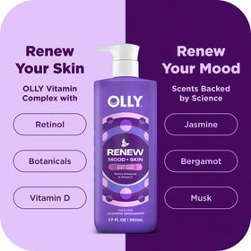 OLLY creamy lather on hand showing gentle hydration and rich foam