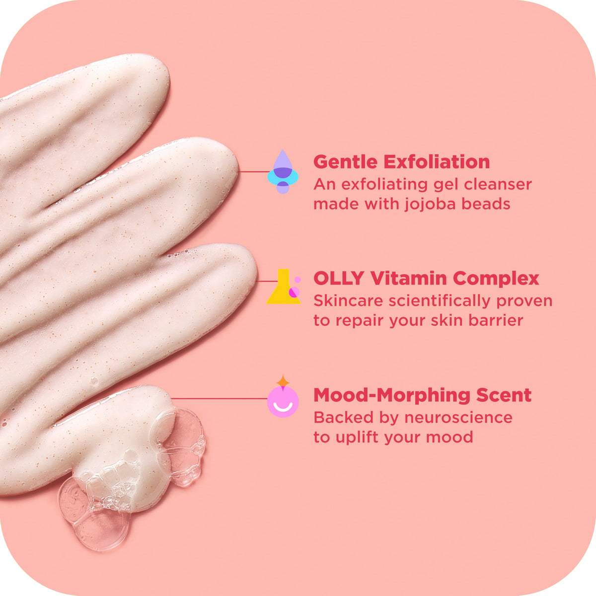 OLLY foamy lather on skin demonstrating nourishing cleanse and non-stripping feel