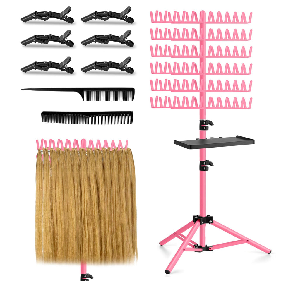 OLMRJKD front view of pink two-sided rack showing organized pegs for faster braiding