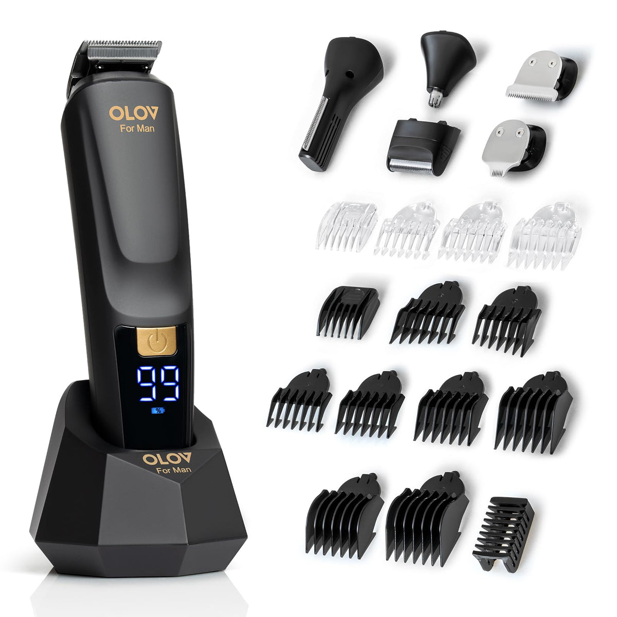 OLOV For Man front packaging showing complete 21-piece kit and USB dock benefit organization