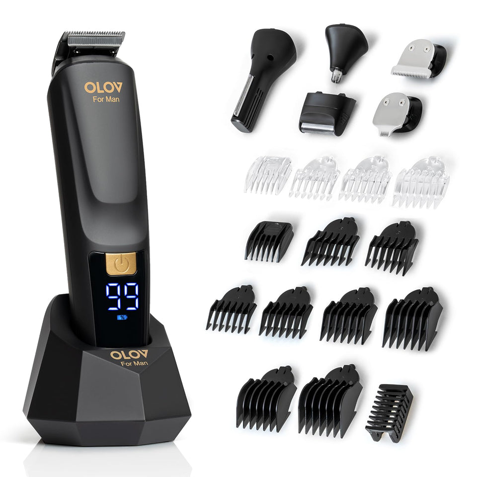 OLOV For Man front packaging showing complete 21-piece kit and USB dock benefit organization