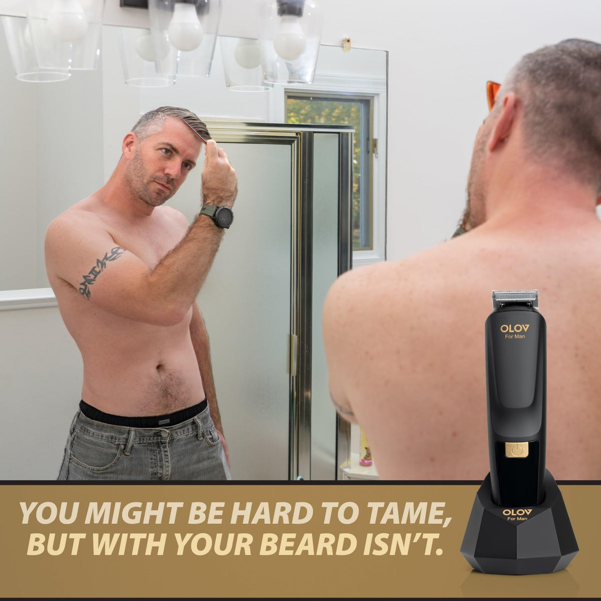 OLOV For Man kit arranged on bathroom counter showing ready-to-use grooming convenience