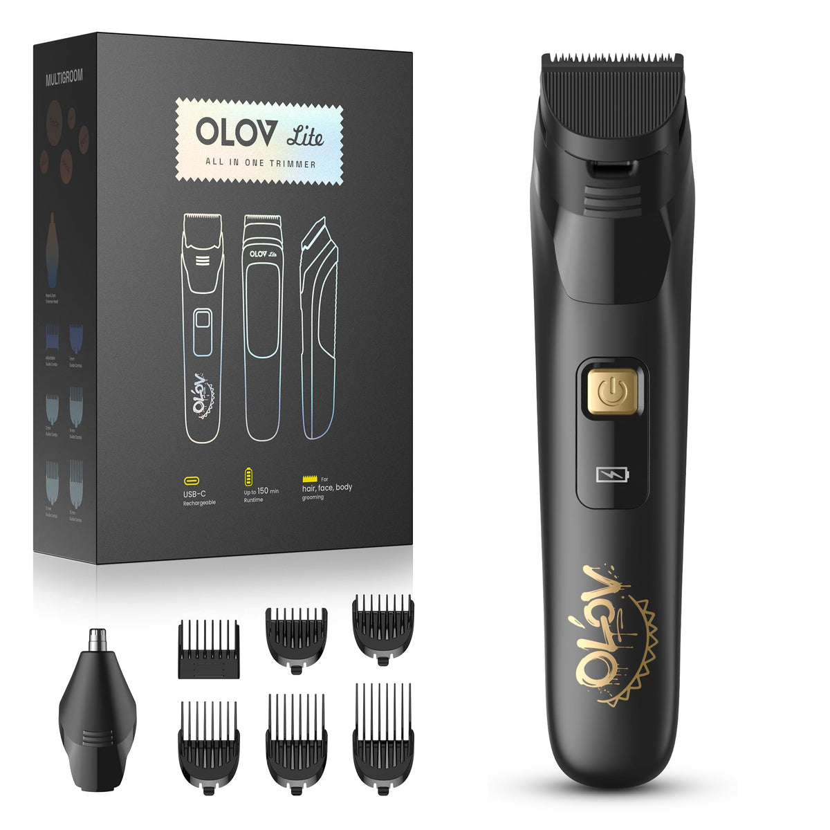 OLOV LITE front view showing sleek black body and gold logo, clear product presence
