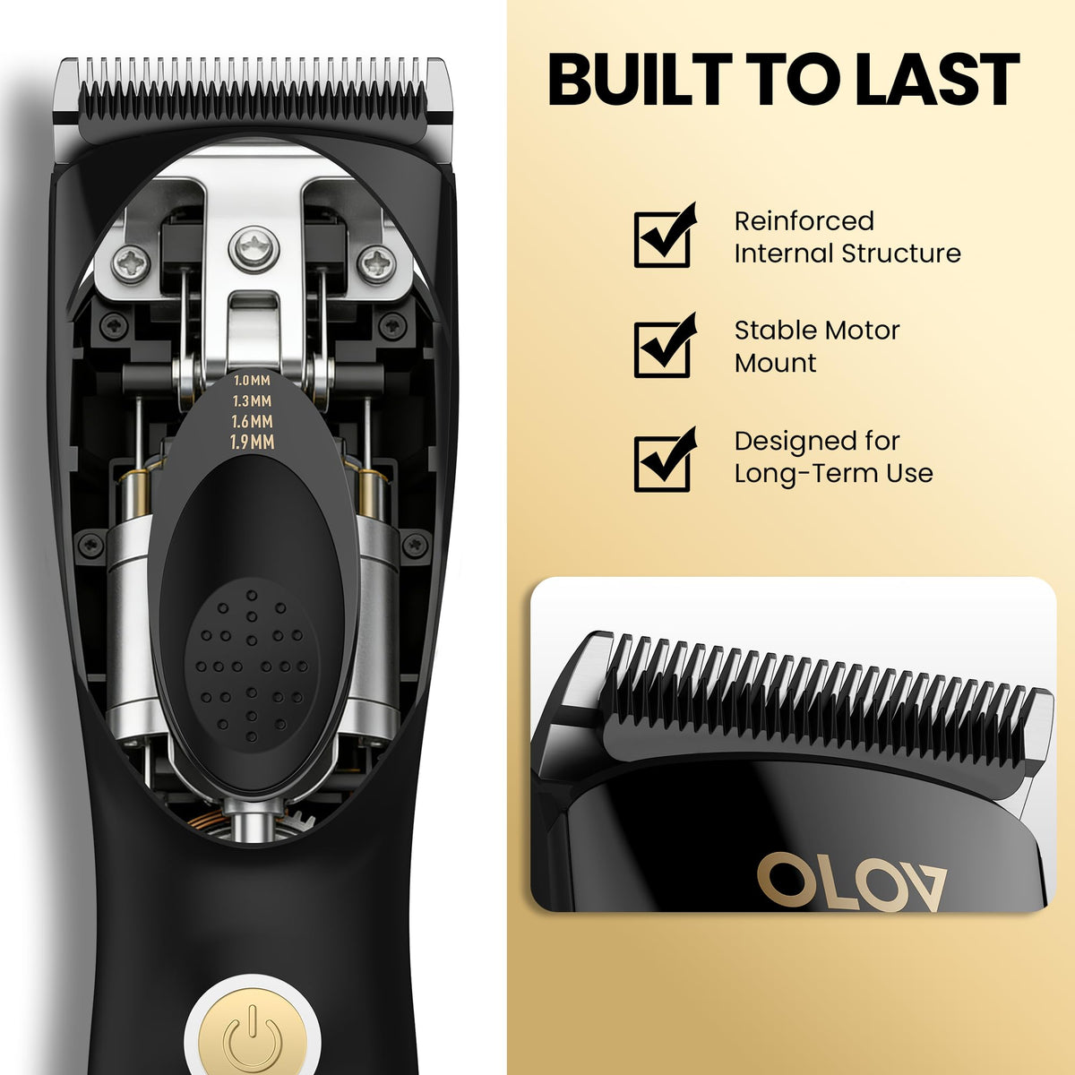 OLOV PROFESSIONAL array of attachment combs displayed for clear length options