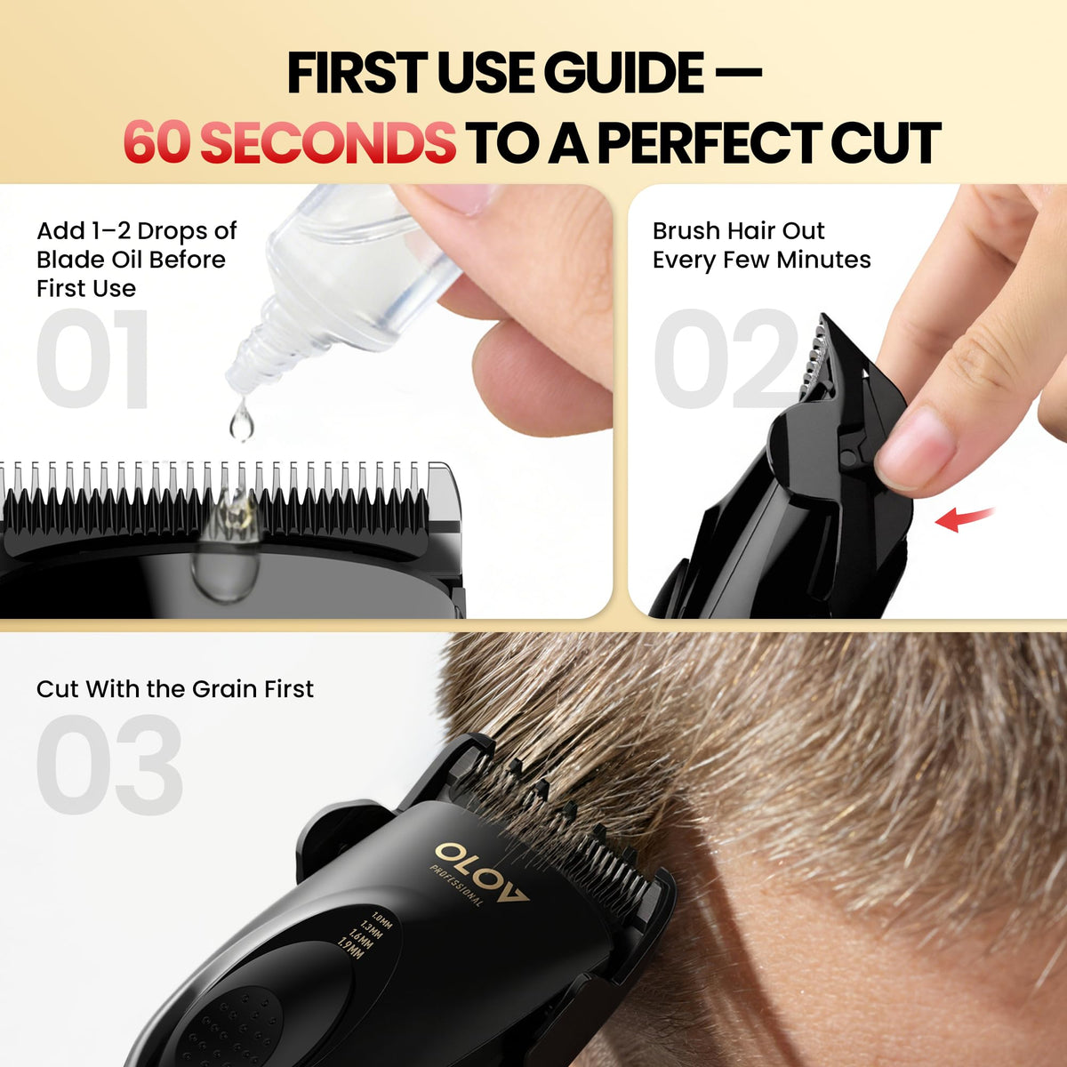 OLOV PROFESSIONAL clipping hair on a client demonstrating fast, even trimming benefit