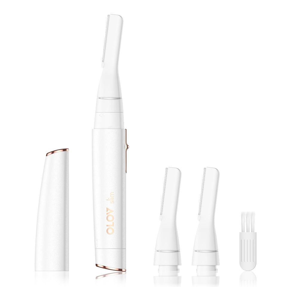 OLOV slim front view showing sleek white body and power button for easy grooming