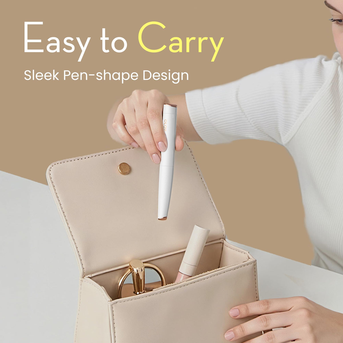 OLOV slim tucked inside a cosmetics bag ready for on-the-go touch-ups