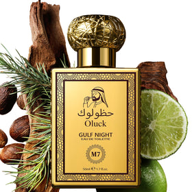 Oluck front bottle showing golden design and elegant finish, conveys luxury