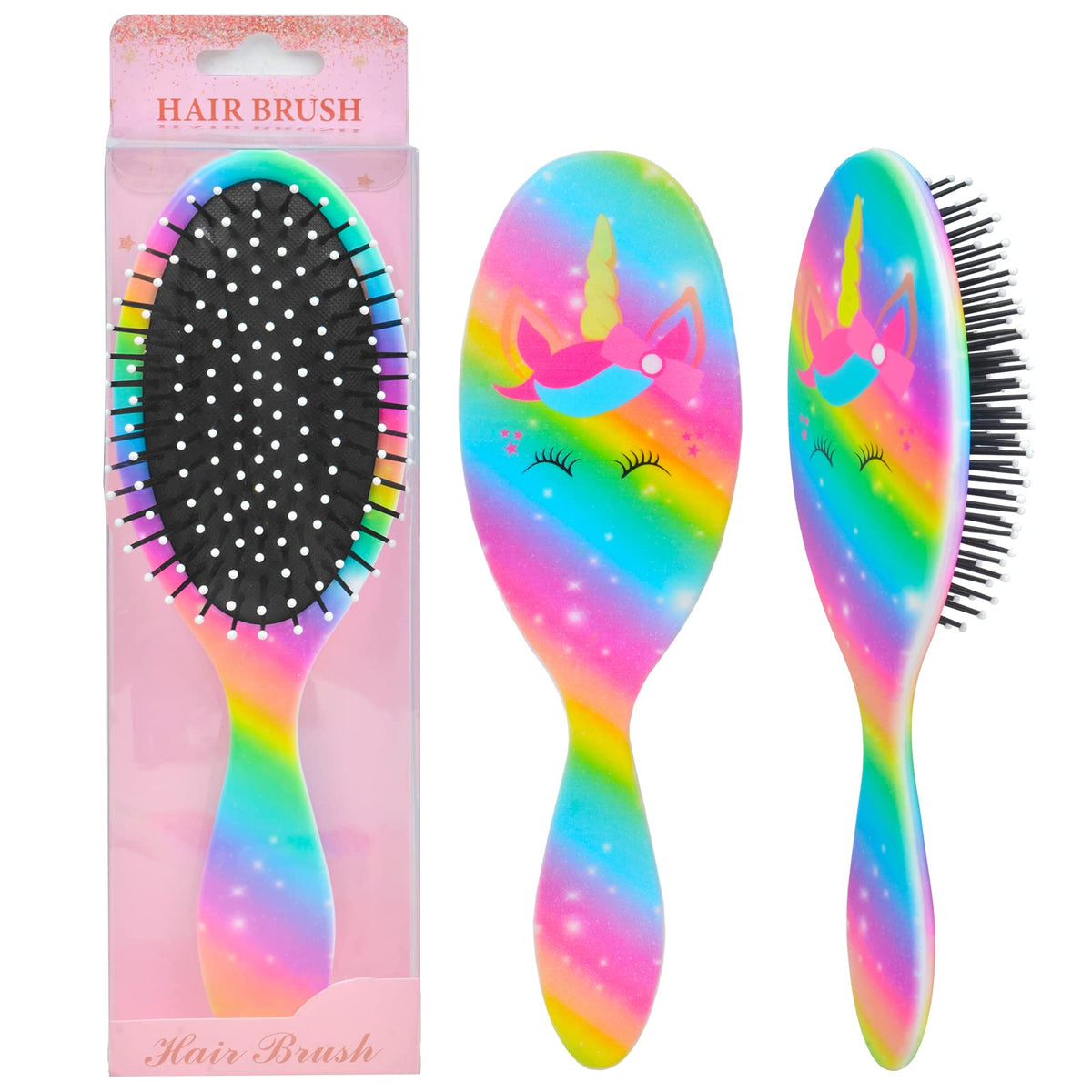 OlyPegic front view of unicorn brush showing colorful design and easy-grip handle