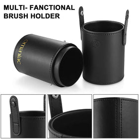 OMANIAC brushes standing in PU leather holder illustrating dust protection and portability