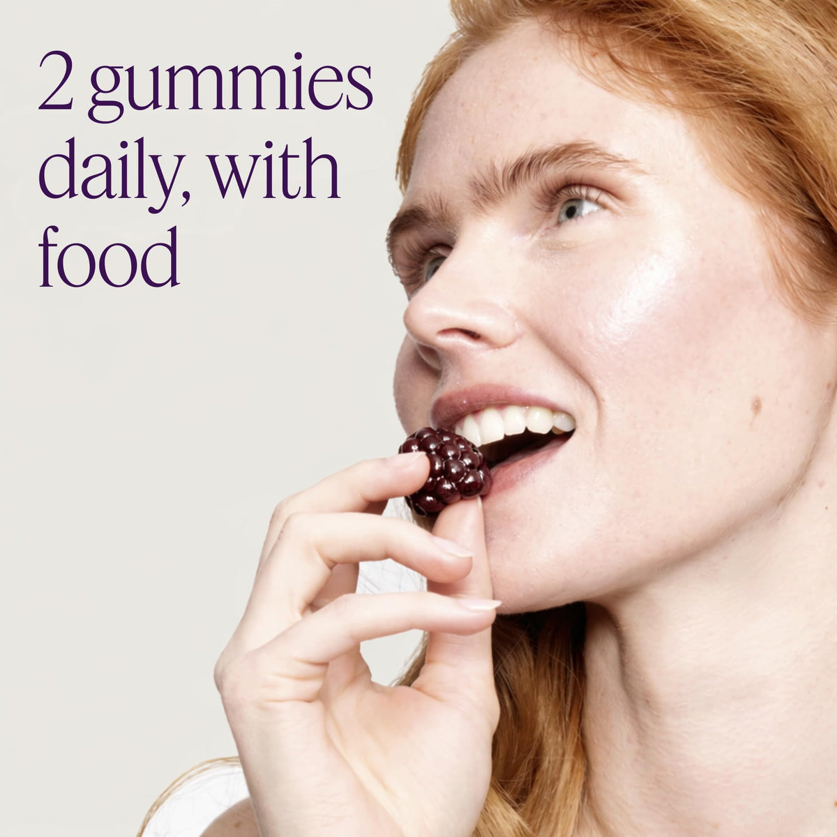 OMI WELLBEAUTY woman taking a gummy showing daily routine convenience