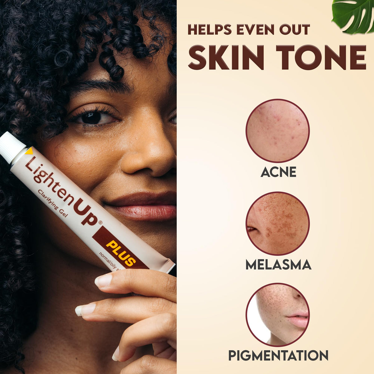 OMIC Lighten-Up Plus ingredients flatlay with tamarind and aloe emphasizing natural actives