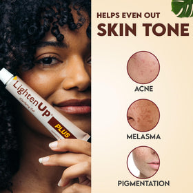 OMIC Lighten-Up Plus ingredients flatlay with tamarind and aloe emphasizing natural actives