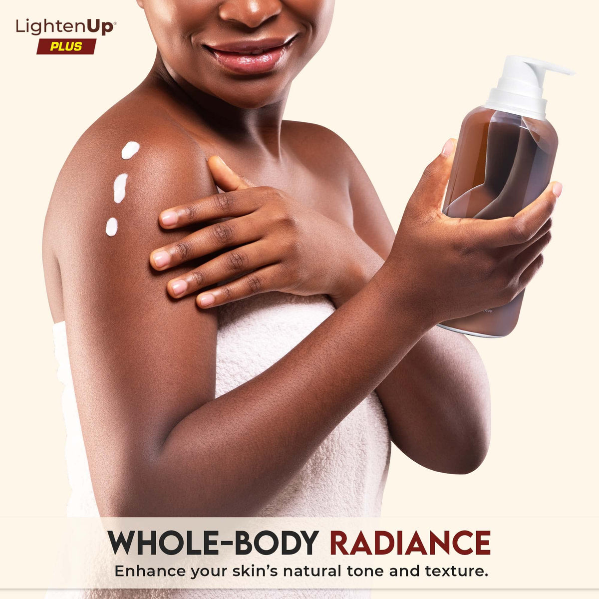 OMIC Lighten-Up pump dispensing lotion highlighting easy application and quick absorption
