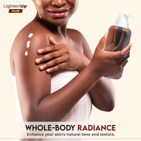 OMIC Lighten-Up pump dispensing lotion highlighting easy application and quick absorption