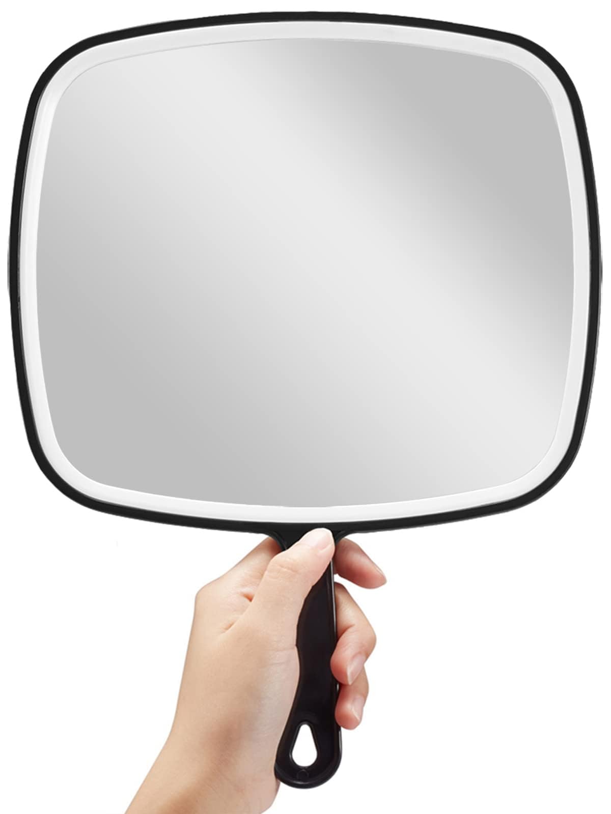 OMIRO front view of black handheld mirror showing large clear reflection and accuracy