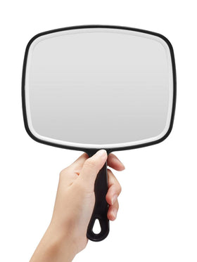 OMIRO hand mirror front view showing clear glass and sleek black frame benefit accurate reflection