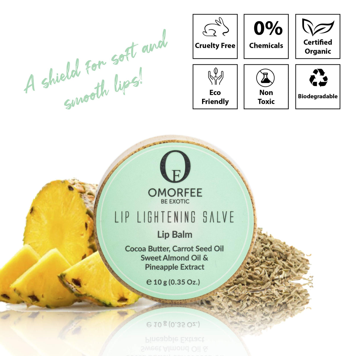 OMORFEE BE EXOTIC OF application on lips close-up demonstrating smooth glide benefit