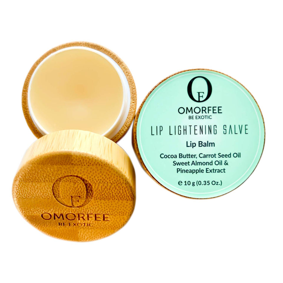 OMORFEE BE EXOTIC OF front tin showing compact lip salve and branding benefit