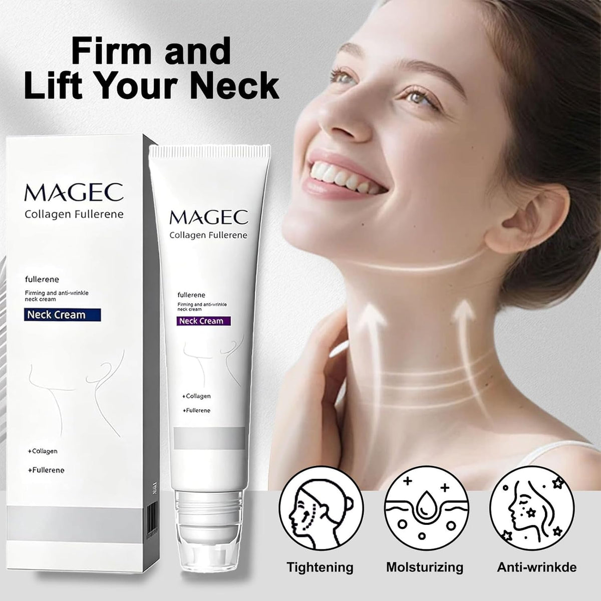 OMULIKJ applying cream to neck with rollers, easy mess-free application benefit