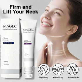 OMULIKJ applying cream to neck with rollers, easy mess-free application benefit