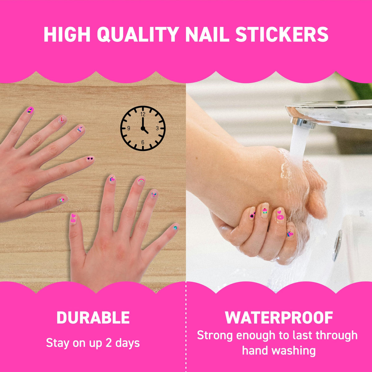 Omy on child's fingernails showing playful unicorn nails suitable for everyday wear
