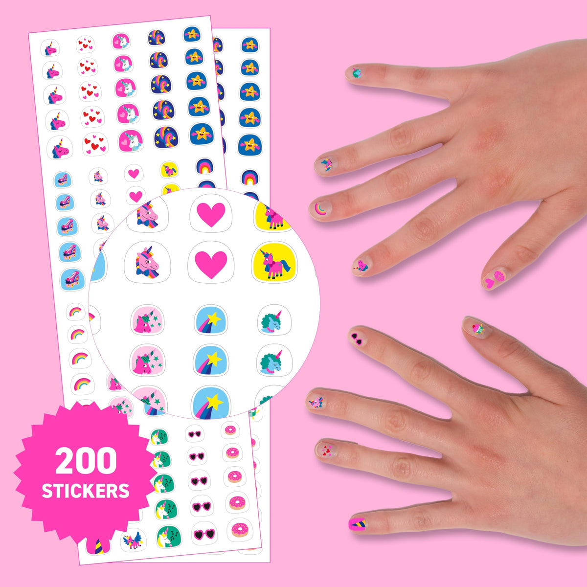 Omy close-up of sticker sheet highlighting detailed unicorn artwork and vibrant colors