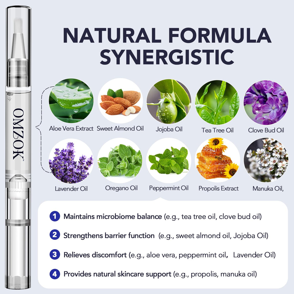 OMZOK ingredients label close-up listing 25% undecylenic acid and botanicals